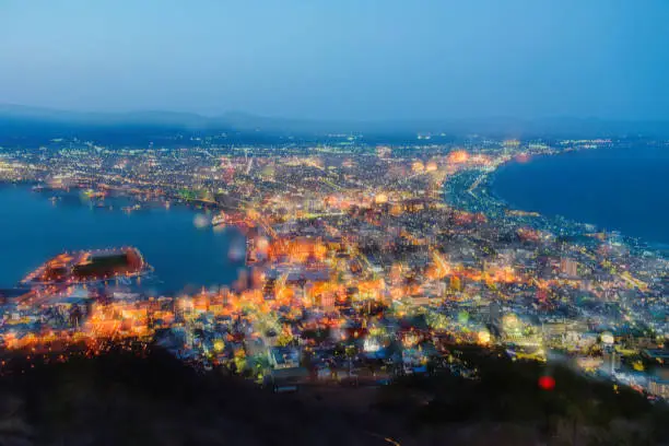 View of Hakodate Bay from Mt.Hakodate, Hokkaido, Japan. Multi layer process with light bokeh