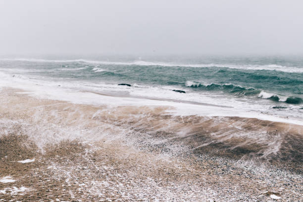Abstract winter landscape of beach during a snowfall and wind, soft focus