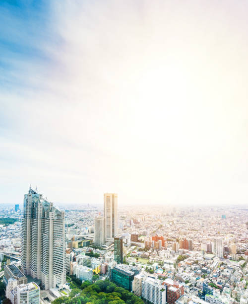 istock panoramic modern city skyline bird eye aerial view with mode gakuen cocoon tower under dramatic sun and morning blue cloudy sky in Tokyo, Japan 655801312