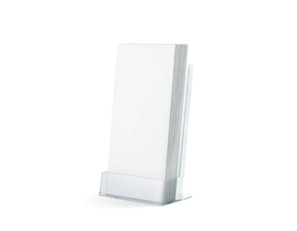 空白の白いチラシ スタック ガラス プラスチック ホルダーでモックアップ - container stack ストックフォトと画像