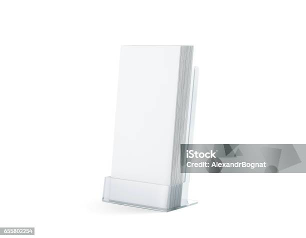 Blank White Flyers Stack Mock Up In Glass Plastic Holder Stock Photo - Download Image Now