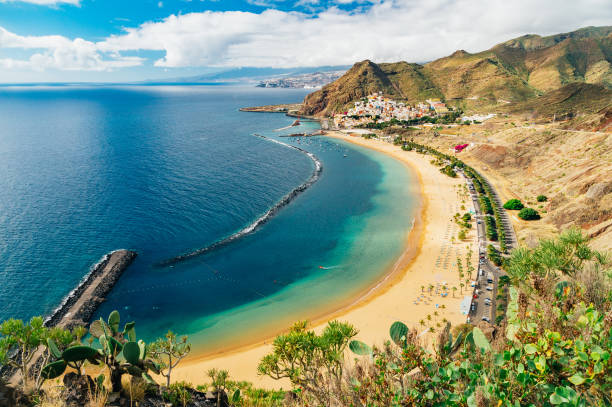 vista pintoresca de la playa de las teresitas y la laguna oceánica - vibrant color summer rock cliff fotografías e imágenes de stock