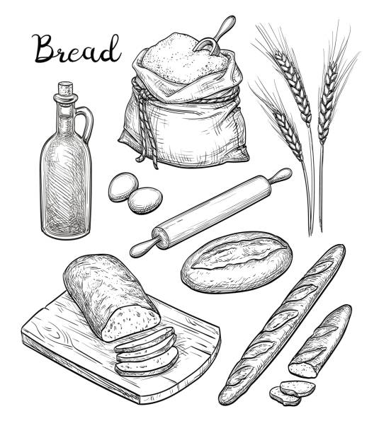 ilustrações de stock, clip art, desenhos animados e ícones de ingredients and bread set. - pão ilustrações