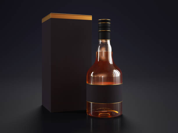 whiskey bottle on black background - drink carton imagens e fotografias de stock