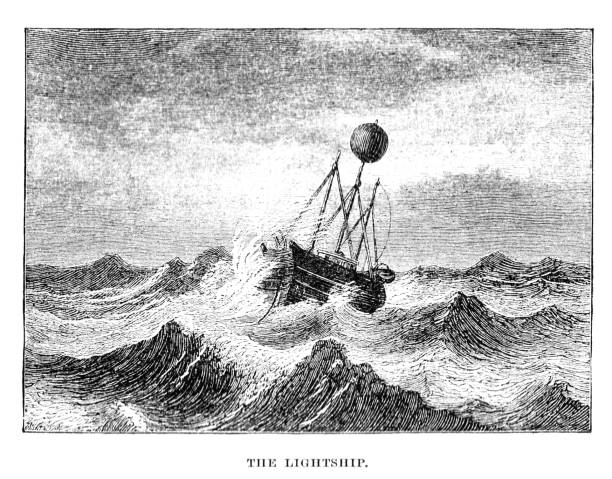 wiktoriańska ilustracja statku lekkiego na wzburzonym morzu; 1873. - industrial ship flash stock illustrations