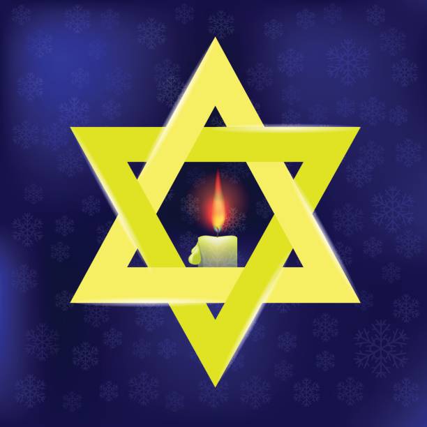 Yellow Star of David and Burning Candles Yellow Star of David and Burning Candles Isolated on Blue Snowflakes Background magen david adom stock illustrations