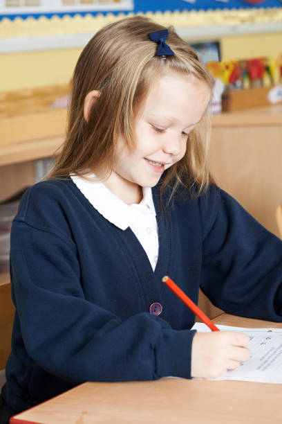 istock Female Elementary School Pupil Working At Desk 655813920