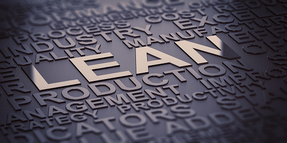 Many words over black background with reflection and blur effect, focus on the words lean and production. 3D illustration of production management.