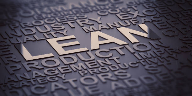 Lean Manufacturing, Production Improvement Many words over black background with reflection and blur effect, focus on the words lean and production. 3D illustration of production management. leaning stock pictures, royalty-free photos & images