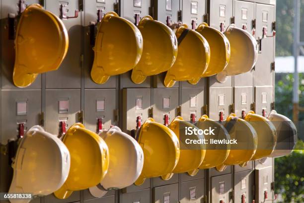 Safety Helmet Hanging Stock Photo - Download Image Now - Occupational Safety And Health, Locker, Work Helmet