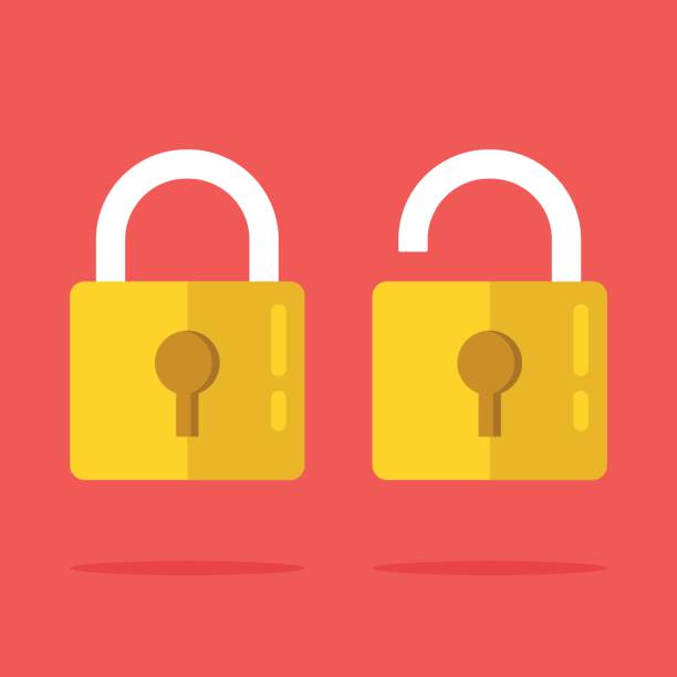 ilustrações de stock, clip art, desenhos animados e ícones de open and closed lock icons set. two yellow padlocks. closed and open lock objects concept. modern graphic elements. flat design vector illustration - unlocking