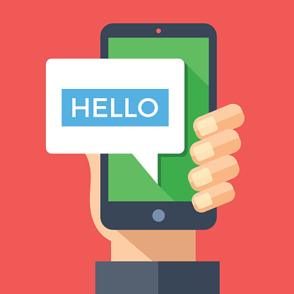 Hello Message Graphics Hand Holding Smartphone With Hello Message On Screen Instant Messaging ...