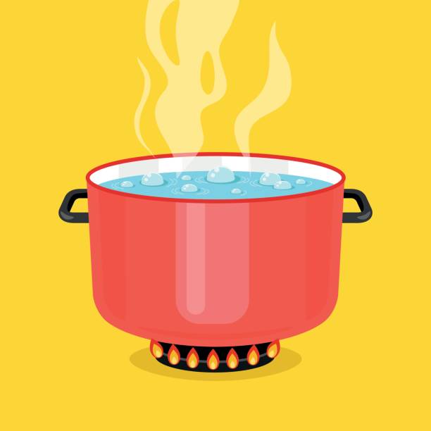 ilustrações, clipart, desenhos animados e ícones de água fervente em panela. vermelho cozinhar panela no fogão com água e vapor. elementos gráficos de plano de projeto. ilustração vetorial - saucepan