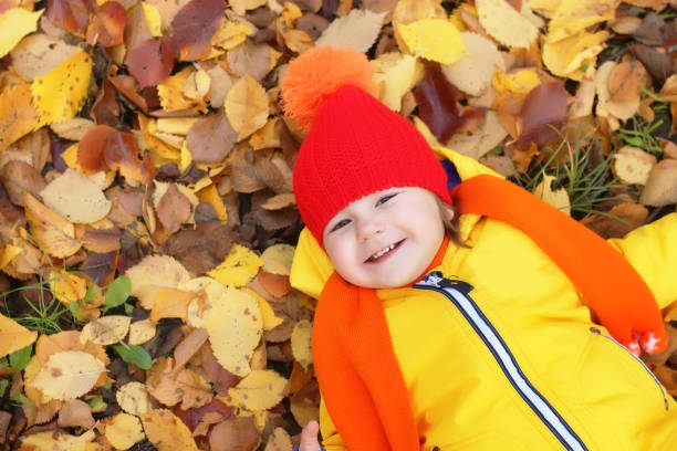 istock kid in autumn laying in leaves 655820214