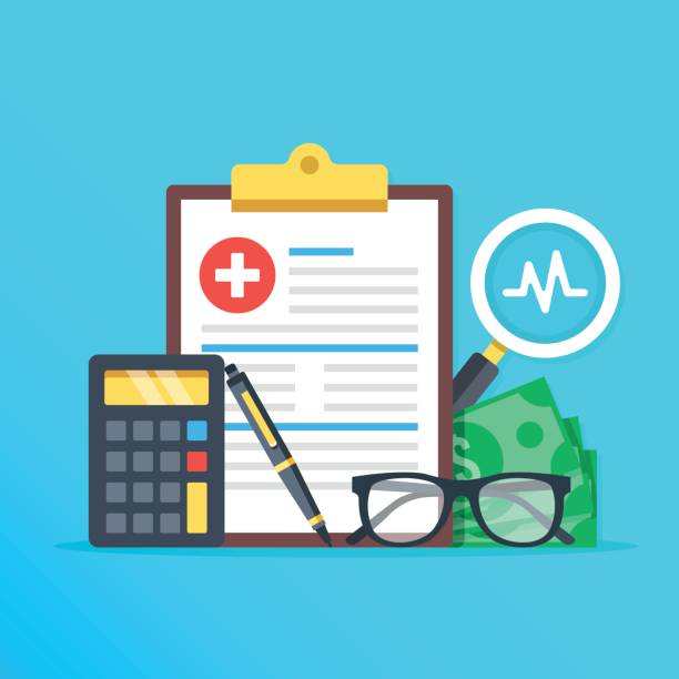 медицинское страхование, концепция здравоохранения. форма медицинского страхования, калькулятор, ручка, очки, деньги, увеличитель плоский  - health plan stock illustrations