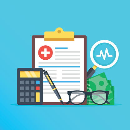 Health insurance, healthcare concept. Health insurance form, calculator, pen, glasses, money, magnifier flat design graphic elements, flat icons set for web banners, websites, etc. Vector illustration