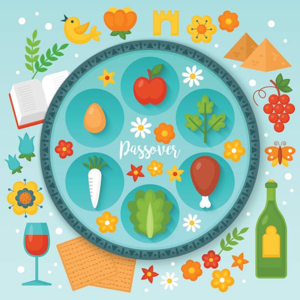 ilustrações de stock, clip art, desenhos animados e ícones de jewish holiday passover seder plate and traditional symbols for graphic and web design. vector illustration - passover seder plate seder judaism