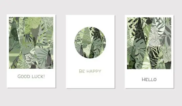 Vector illustration of Set of creative universal floral cards in tropical style