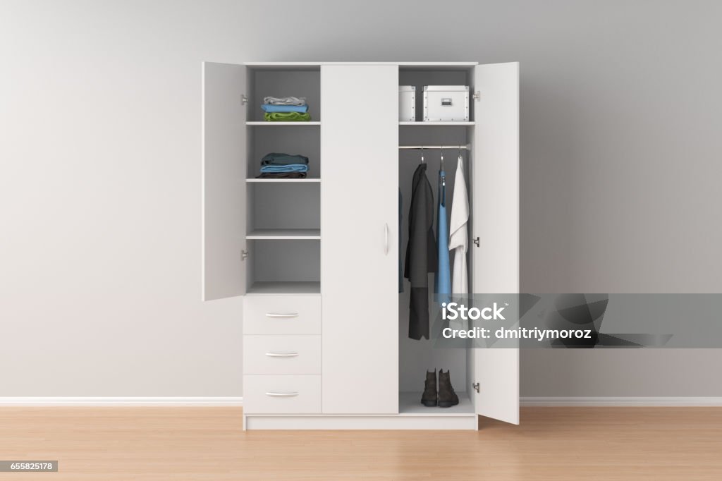 Wardrobe with open doors White wardrobe with open doors in interior. 3d render Closet Stock Photo