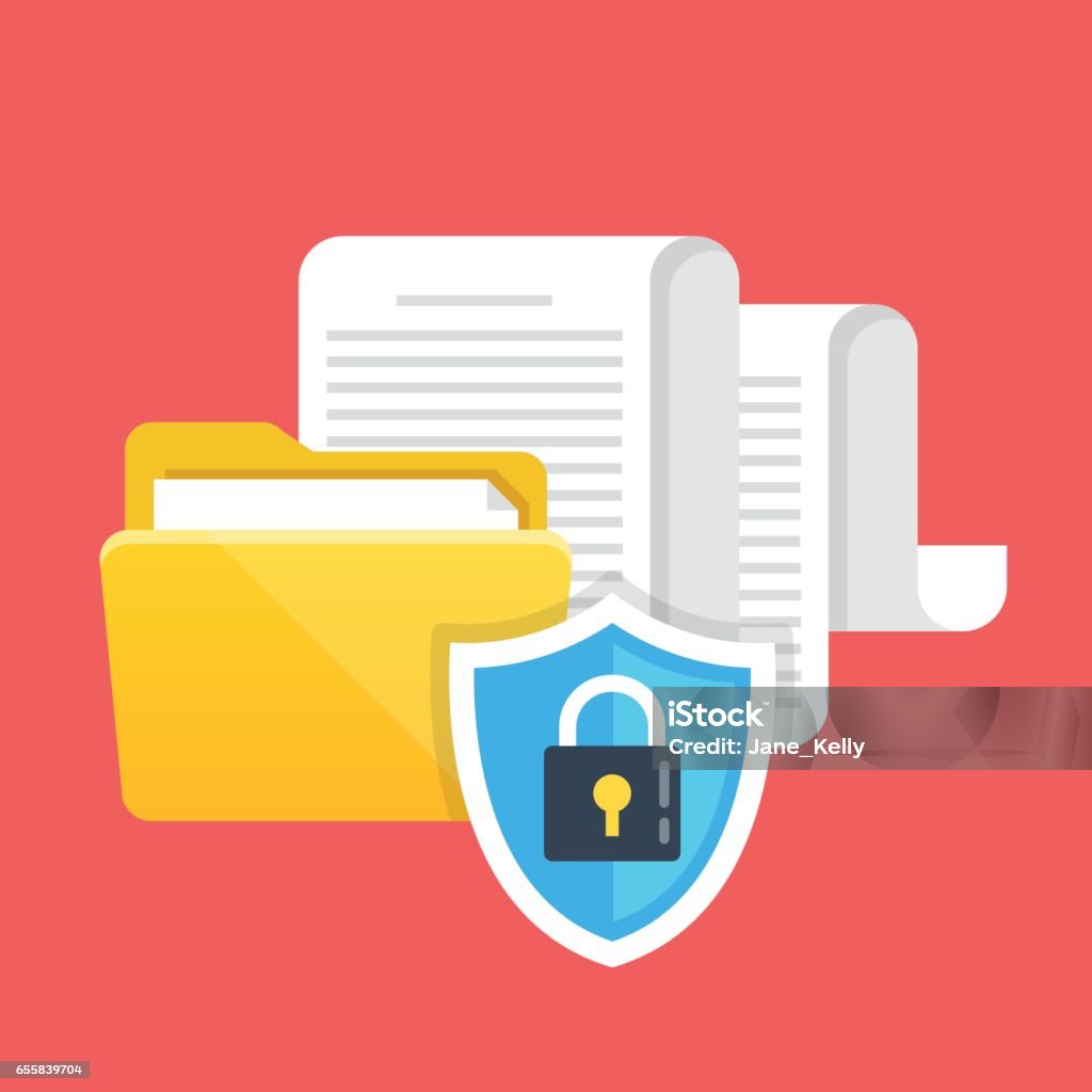 Data protection, file security and access rights concepts. Folder, documents and shield with lock icon. Modern flat design vector illustration Data protection, file security and access rights concepts. Folder, documents and shield with lock icon. Modern flat design graphic elements. Vector illustration isolated on red background Privacy stock vector