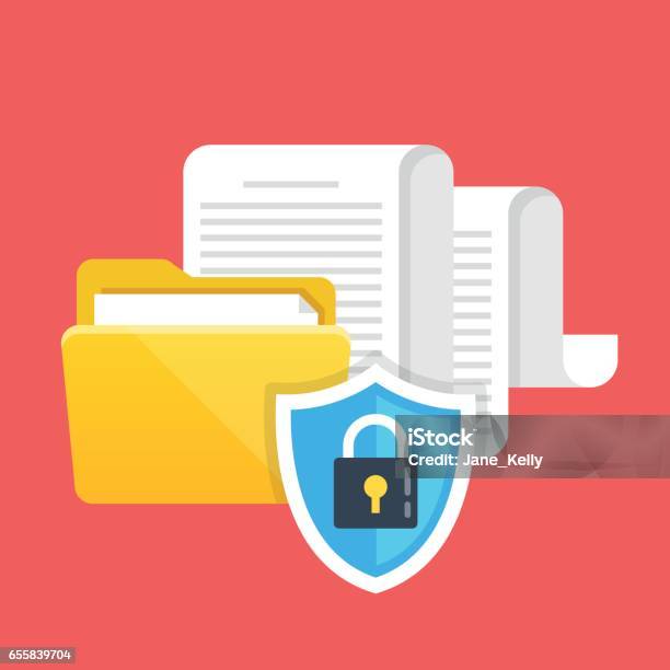 Data Protection File Security And Access Rights Concepts Folder Documents And Shield With Lock Icon Modern Flat Design Vector Illustration Stock Illustration - Download Image Now