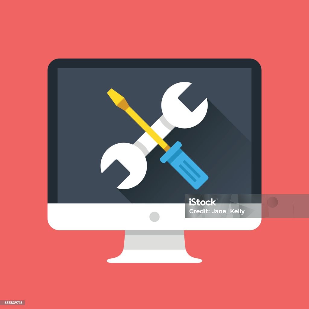 Computer icon with wrench and screwdriver on screen. Computer repair services, technical support, maintenance concepts. Modern flat design graphic elements. Vector illustration Computer icon with wrench and screwdriver on screen. Computer repair services, technical support concepts. Modern flat design graphic elements. Vector illustration Repairing stock vector