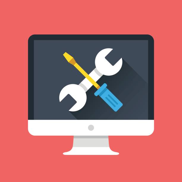 Computer icon with wrench and screwdriver on screen. Computer repair services, technical support, maintenance concepts. Modern flat design graphic elements. Vector illustration Computer icon with wrench and screwdriver on screen. Computer repair services, technical support concepts. Modern flat design graphic elements. Vector illustration adjusting stock illustrations