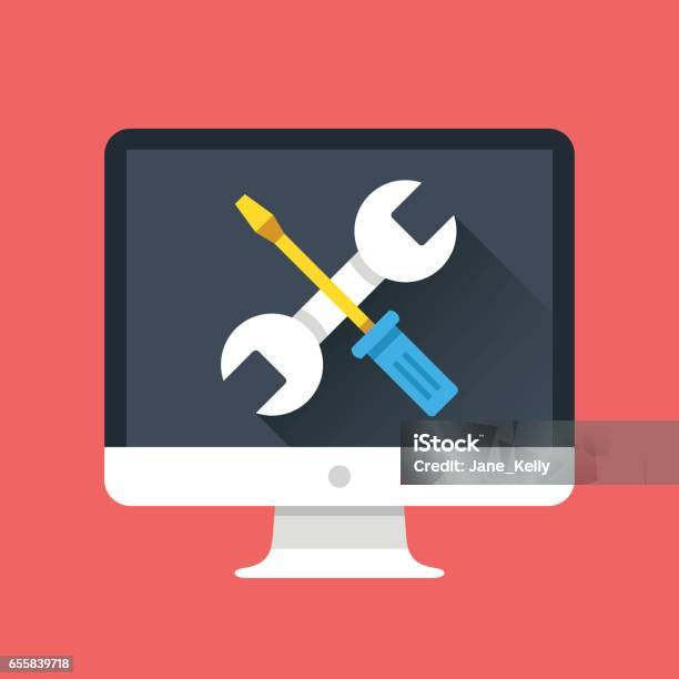 Computer Icon With Wrench And Screwdriver On Screen Computer Repair Services Technical Support Maintenance Concepts Modern Flat Design Graphic Elements Vector Illustration Stock Illustration - Download Image Now