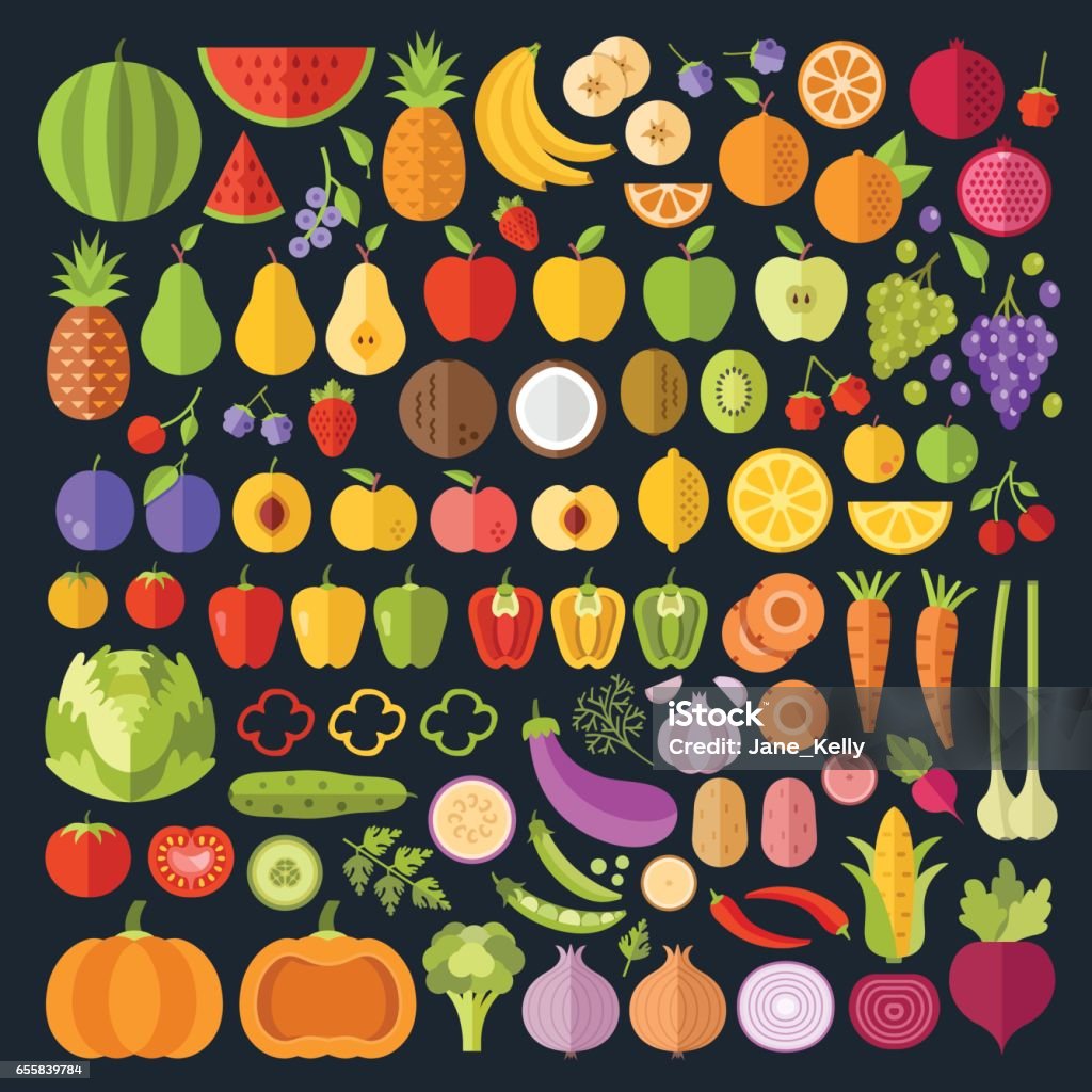 Conjunto de iconos de frutas y verduras. Arte gráfico moderno diseño plano para web banners, páginas web, infografía. Iconos de frutas y verduras enteras y en rodajas. Ilustración de vector - arte vectorial de Vegetal libre de derechos