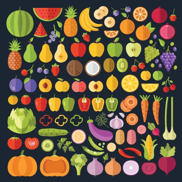Fruits and vegetables icons set. Modern flat design graphic art for web banners, websites, infographics. Whole and sliced vegetables and fruit icons. Vector illustration Fruits and vegetables icons set. Modern flat design graphic art for web banners, websites, infographics. Whole and sliced vegetables and fruit icons. Vector illustration isolated on black background green apple slices stock illustrations