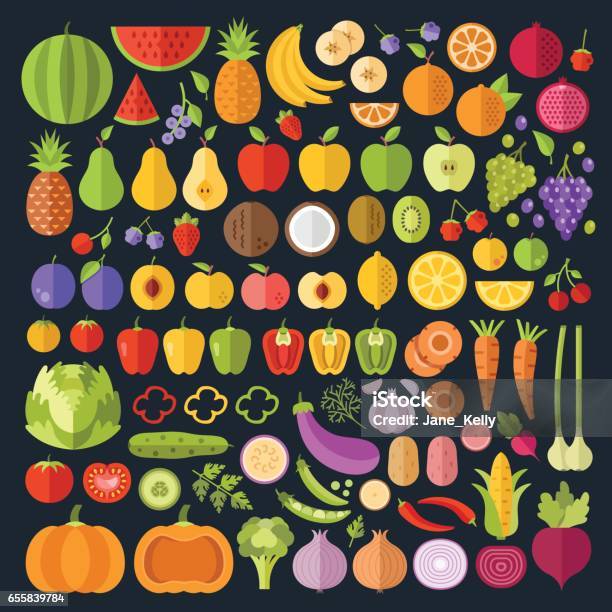 Fruits And Vegetables Icons Set Modern Flat Design Graphic Art For Web Banners Websites Infographics Whole And Sliced Vegetables And Fruit Icons Vector Illustration Stock Illustration - Download Image Now