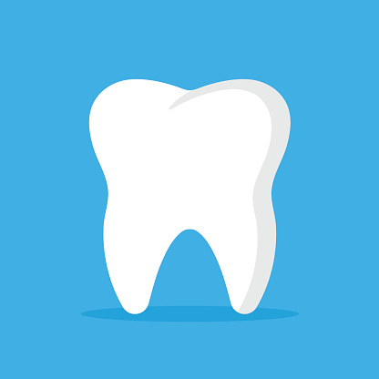 Vector tooth icon. Oral medicine, stomatology, dental medicine concepts. White tooth isolated on blue background. Modern flat design graphic element. Vector illustration