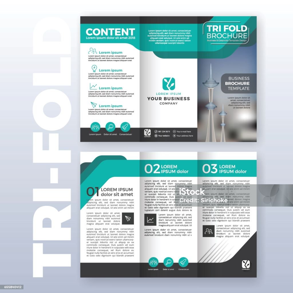 Business tri-fold brochure template Business tri-fold brochure template design with Turquoise color scheme in A4 size layout with bleeds. Vector illustration Brochure stock vector