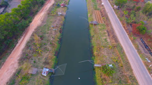 Aerial view of irrigation canal stock photo