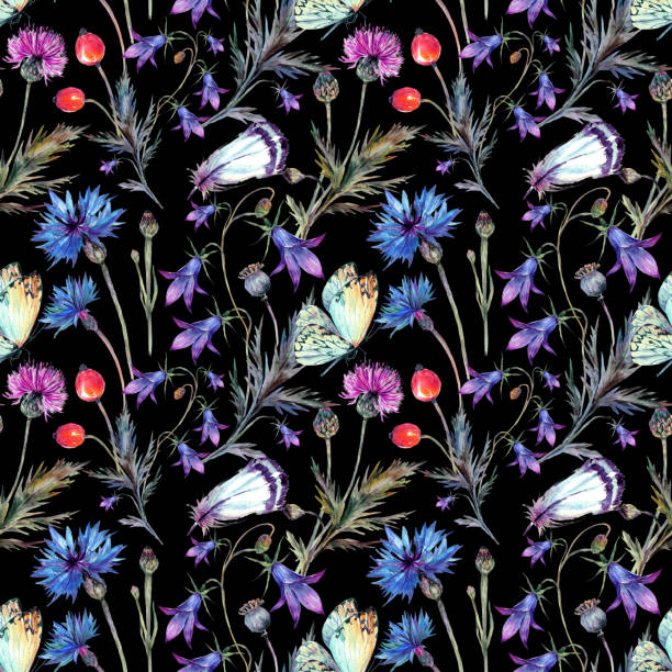 Vintage watercolor pattern of summer wildflowers. Watercolor seamless pattern of summer wildflowers. Drawn cornflower, thistle, bluebell, berries and butterfly. Vintage floral decoration. Country, shabby chic design. butterfly purple blue isolated stock illustrations