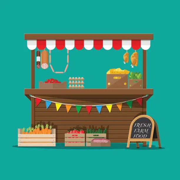 Vector illustration of Market food stall full of groceries products