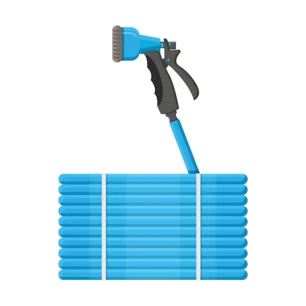 Vector illustration of Convoluted garden hose. Watering hosepipe gun.