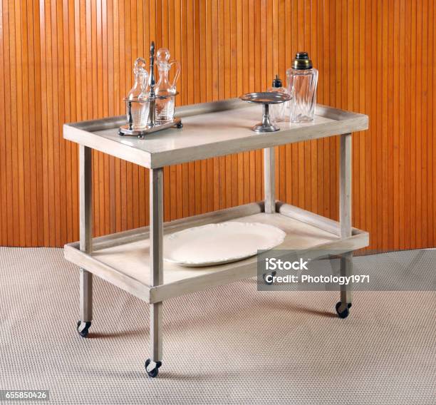 Dishes On Service Cart With Wheels Stock Photo - Download Image Now - Push Cart, Cart, Bar - Drink Establishment