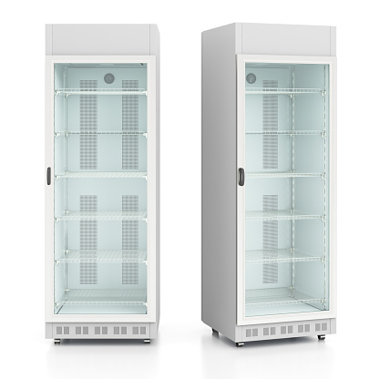 Two empty glass door display refrigerators. Isolated on white background include clipping path. 3d render