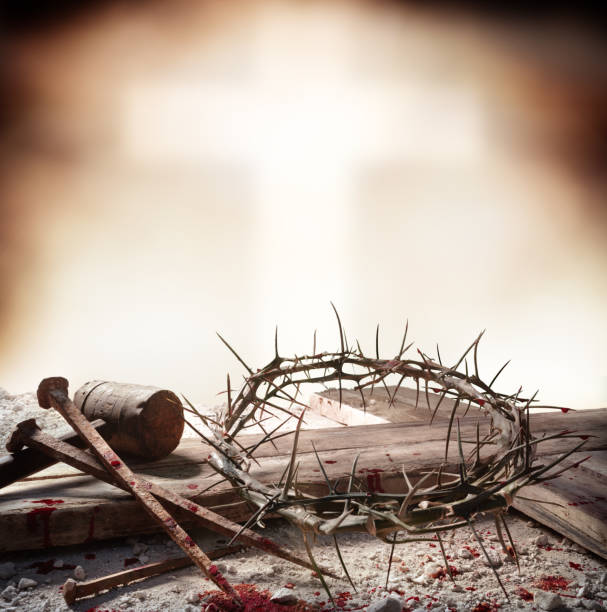 Crucifixion Of Jesus Christ Wooden Cross With Hammer Bloody Nails And Crown Of Thorns spiked photos stock pictures, royalty-free photos & images
