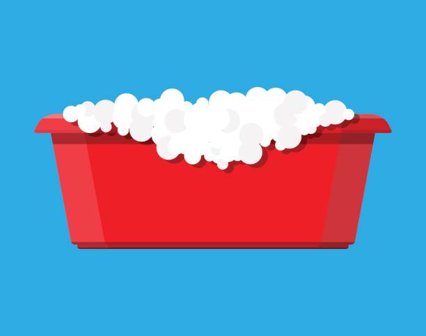 Red plastic basin with soap suds. Bowl with water Red plastic basin with soap suds. Bowl with water. Washing clothes, cleaning equipment. Vector illustration in flat style soap sud foam bubble laundry stock illustrations