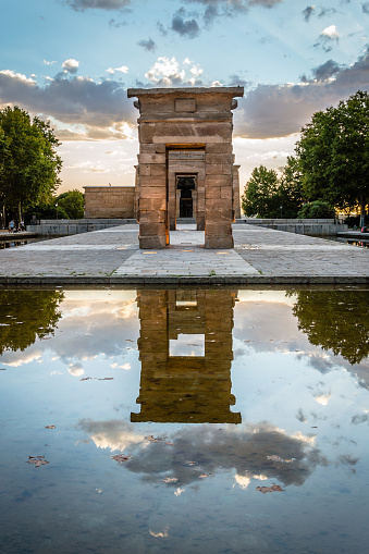 Madrid, Spain - September 27, 2014:  Sunset on Temple of Debod. Temple of Debod. It is an Egyptian temple dating back to the 2nd century BC. The temple was donated to Spain by the Egyptian government
