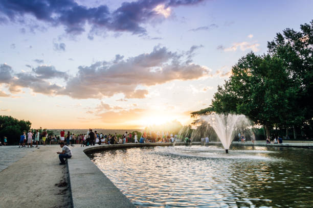 Madrid, Spain - September 27, 2014:  Sunset on Temple of Debod. Temple of Debod. It is an Egyptian temple dating back to the 2nd century BC. The temple was donated to Spain by the Egyptian government