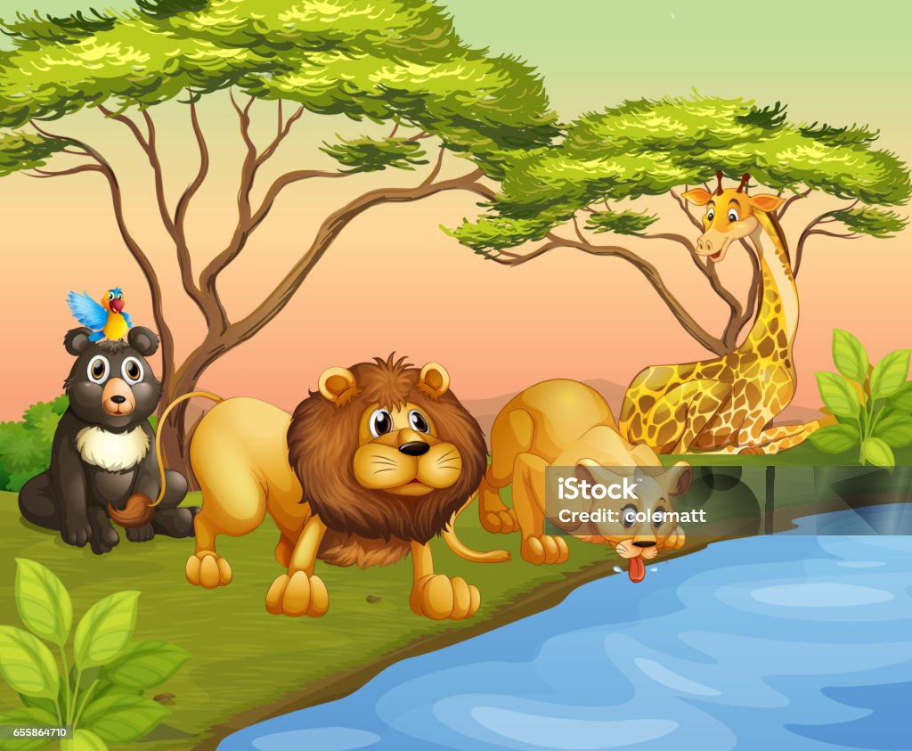 Animals Drinking Water From The River Stock Illustration - Download Image  Now - Agricultural Field, Animal, Animal Wildlife - iStock