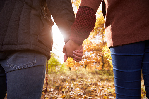 Young Couple Holding Hands On Walk In Autumn Woodland