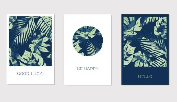 Vector illustration of Set of creative universal floral cards in tropical style