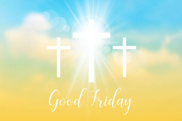 Good Friday. Background with white cross and sun rays Good Friday. Background with white cross and sun rays in the sky. Vector illustration. hallelujah stock illustrations