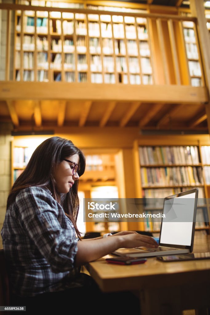 Female student using laptop in library Female student using laptop at desk in library 20-24 Years Stock Photo