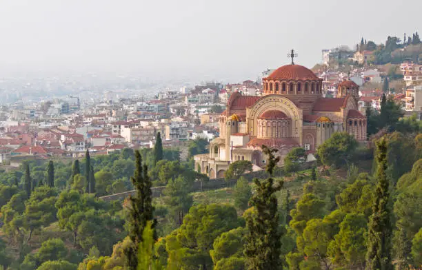Orthodox church of Saint Pavlo (Agios Pavlos) and aerial view of Thessaloniki city, Greece