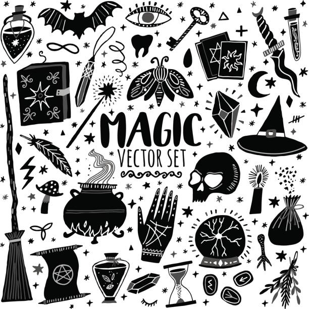 illustrazioni stock, clip art, cartoni animati e icone di tendenza di set di doodle disegnato a mano con icona magica vettoriale - wizard magic broom stick